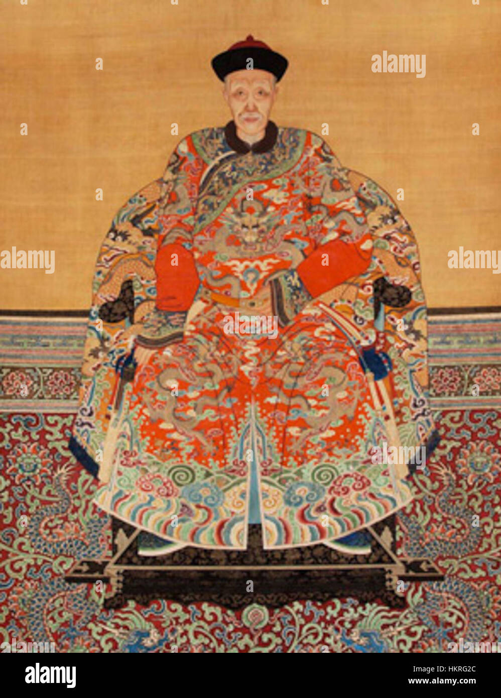 Portrait Chinois, ancêtre des encres de couleur sur soie, 19e siècle Banque D'Images