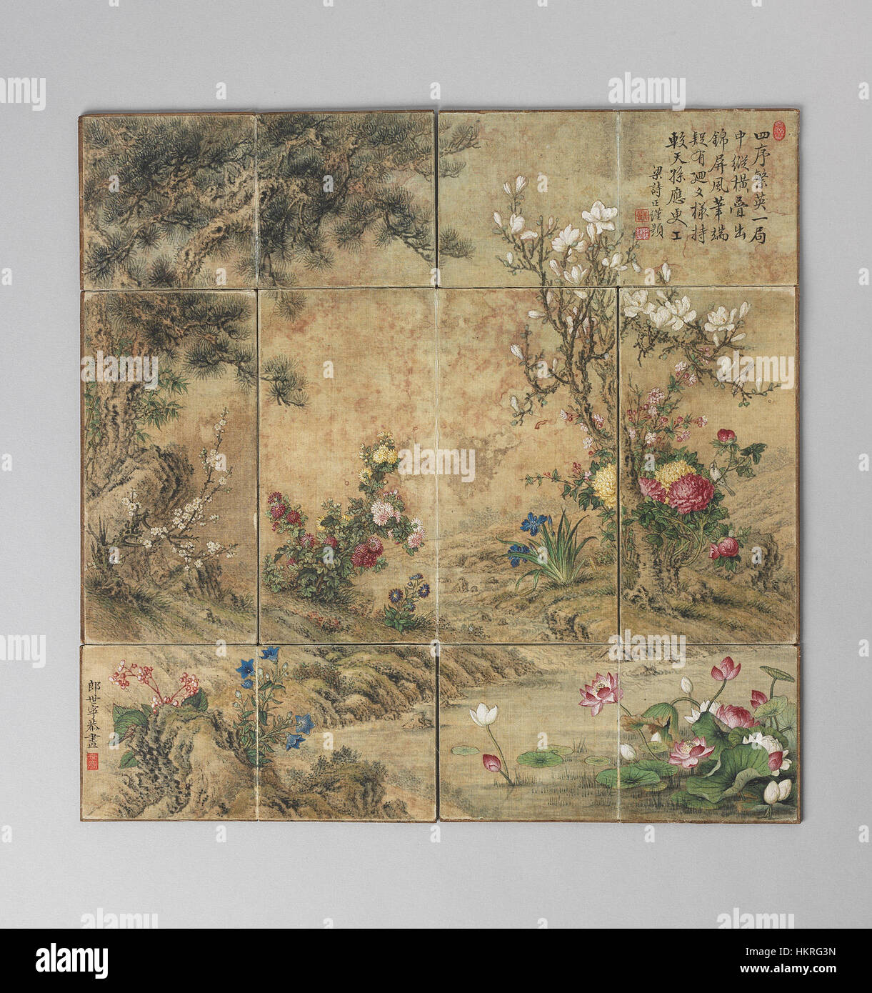 Conseil d'échecs chinois peint avec des fleurs des quatre saisons Banque D'Images