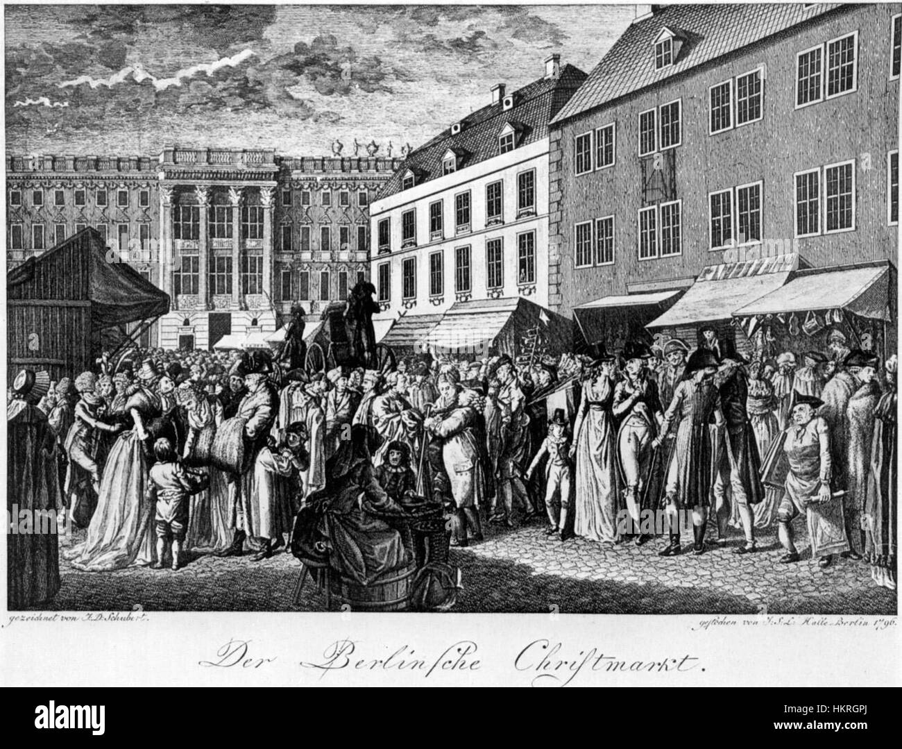 Cette œuvre de 1796 capture la scène animée du marché de Noël de Berlin, offrant un aperçu historique de l'atmosphère culturelle et sociale de l'Allemagne de la fin du XVIIIe siècle. Banque D'Images