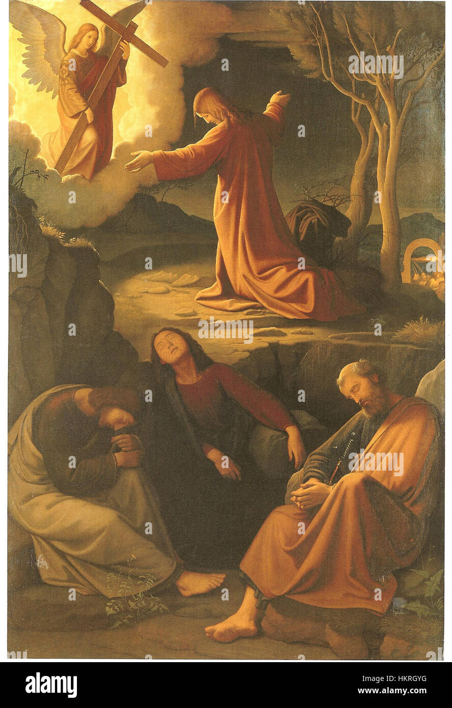 Christus am Oelberg d'Overbeck dépeint le Christ dans le jardin de Gethsémani, un moment clé de la théologie chrétienne. La peinture reflète le style néoclassique, avec une attention aux détails et à l'expression émotionnelle. Banque D'Images