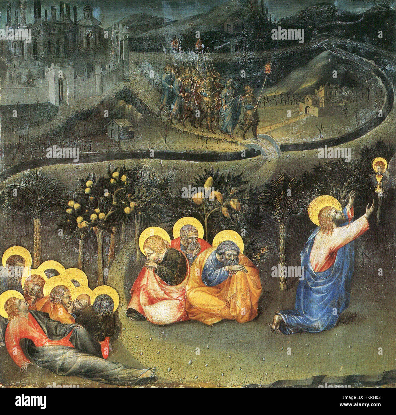 'Christus im Garten' de Giovanni di Paolo représente le Christ dans le jardin de Gethsémani, un moment biblique clé. La pièce est une interprétation médiévale de la passion du Christ, mettant en valeur le style caractéristique de Giovanni di Paolo dans des scènes sacrées. Banque D'Images