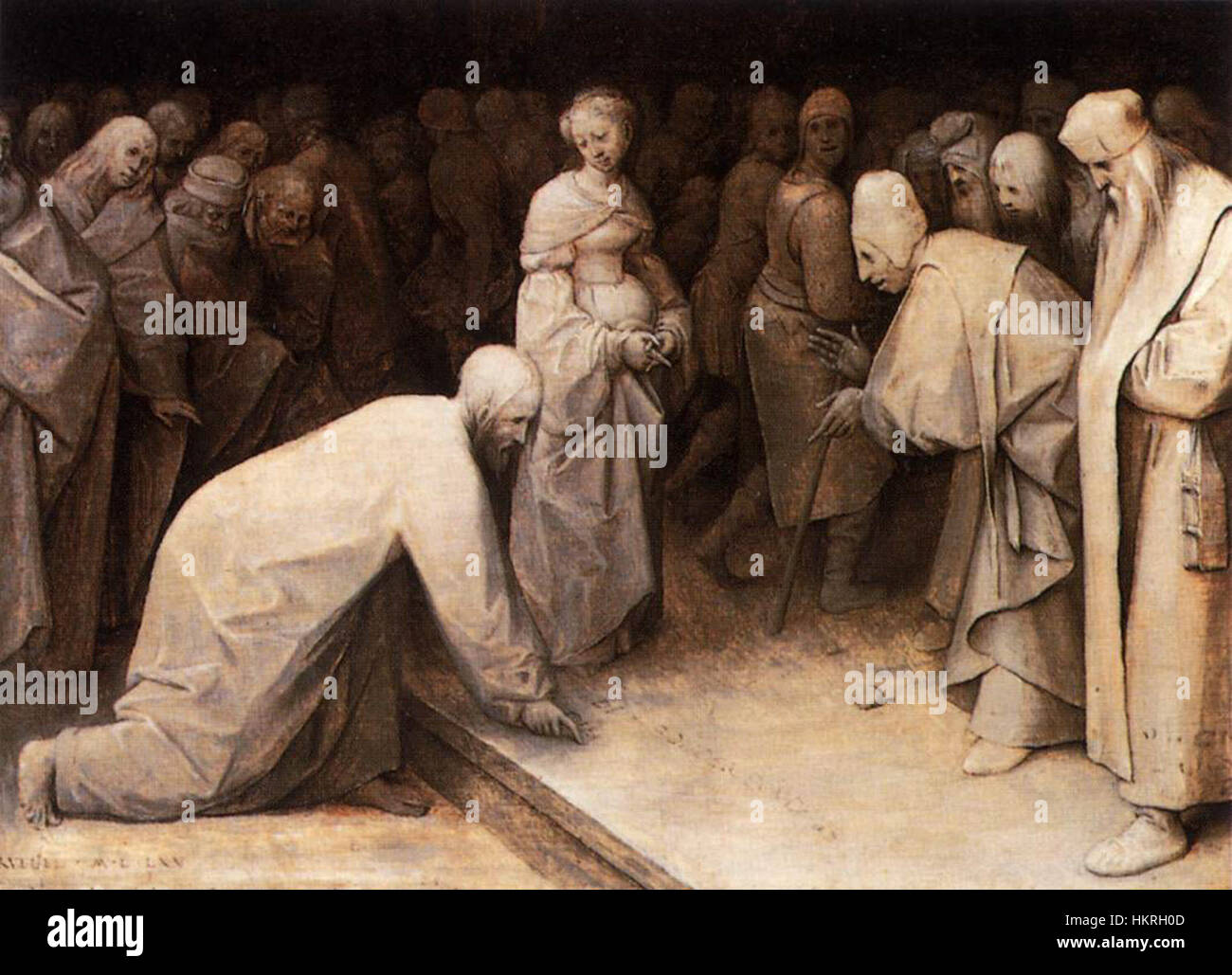 'Christ et la femme pris en adultère' de Pieter Bruegel l'ancien dépeint une scène biblique où le Christ intervient dans la lapidation d'une femme accusée d'adultère. La peinture est remarquable pour sa représentation détaillée des figures et son commentaire moral. Banque D'Images