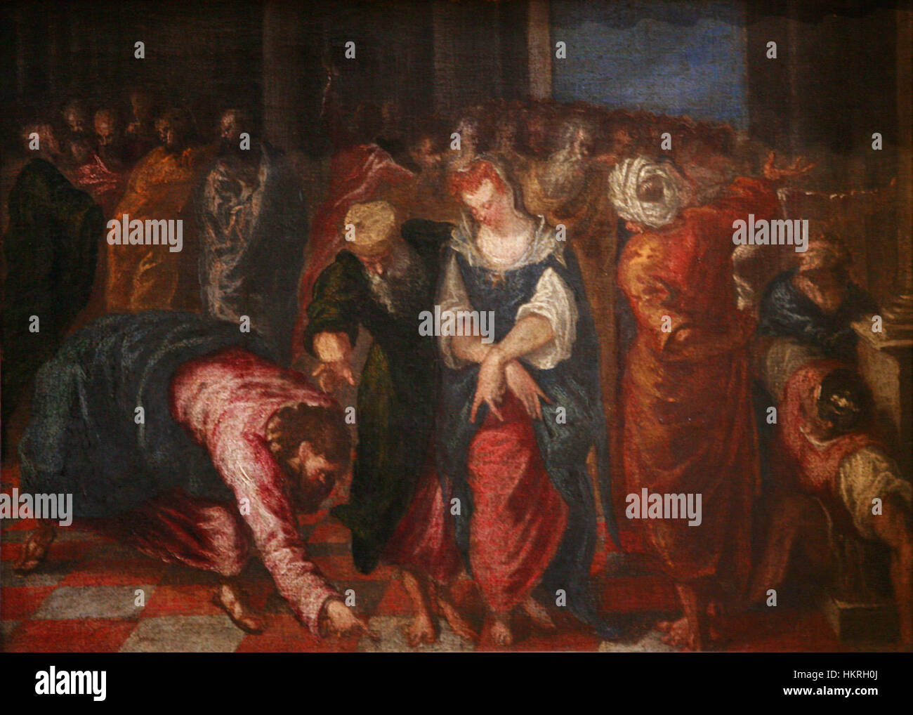 Cette œuvre, intitulée « Christ et la femme adultère », dépeint l'histoire biblique où Jésus intervient dans la lapidation d'une femme accusée d'adultère. La peinture capture l'intensité émotionnelle et les thèmes moraux du pardon, de la justice et de la compassion dans des contextes religieux. Banque D'Images