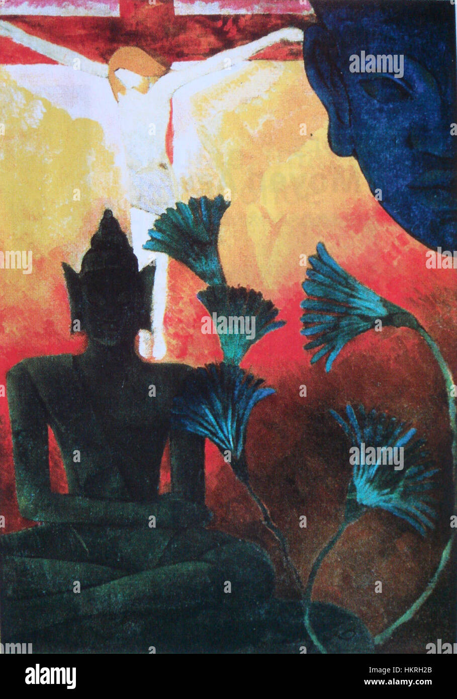 La peinture de Paul Ranson, Christ et Bouddha, réalisée en 1880, mélange l'iconographie religieuse en représentant à la fois le Christ et Bouddha dans une représentation symbolique de figures spirituelles. Le style de Ranson fusionne les techniques artistiques traditionnelles avec les interprétations modernes, créant un récit interculturel. Banque D'Images
