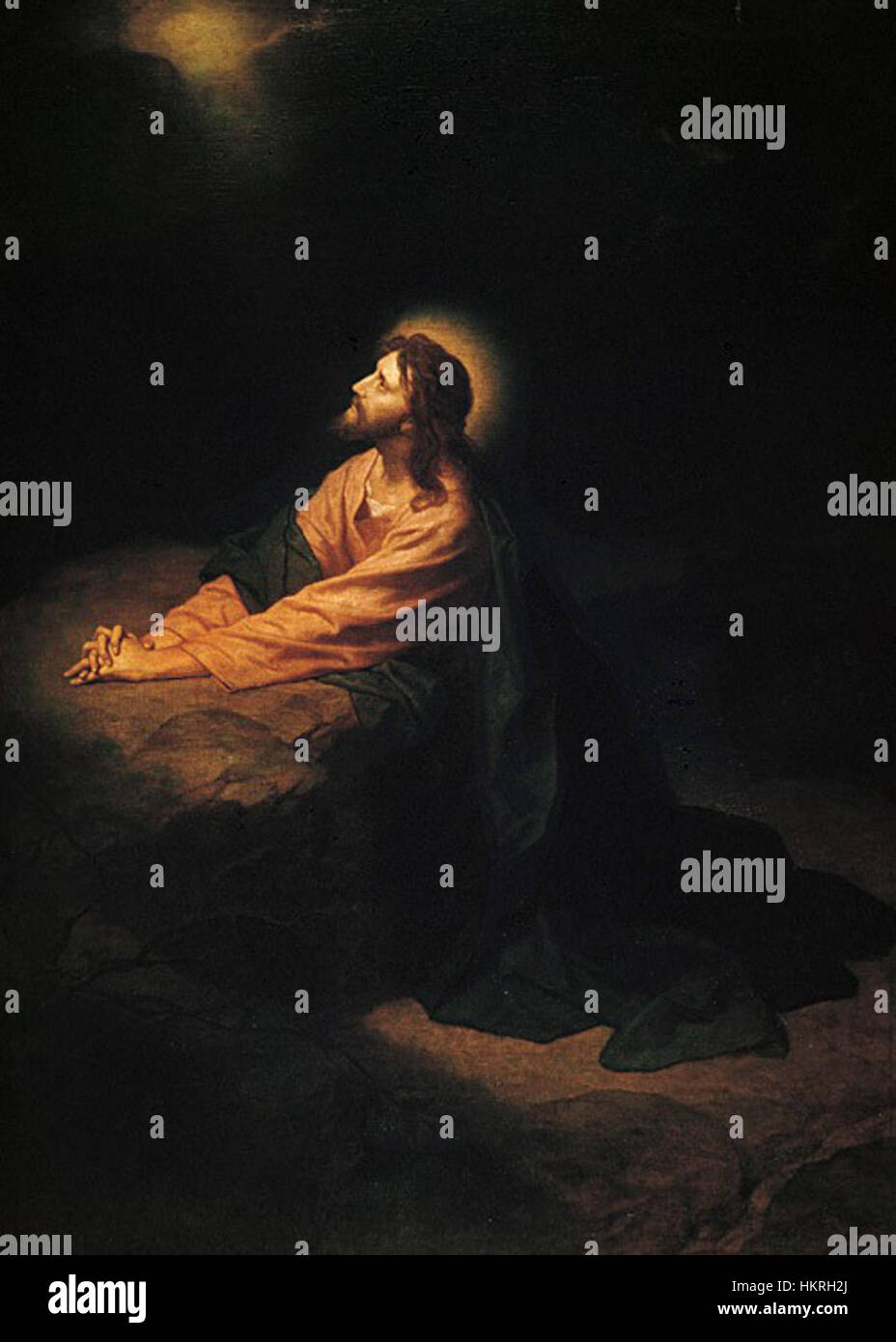 Cette peinture poignante représente le Christ à Gethsémané, un moment d'une signification émotionnelle et spirituelle intense. L’artiste capte l’atmosphère sombre, en mettant l’accent sur la souffrance du Christ et l’environnement environnant. Banque D'Images