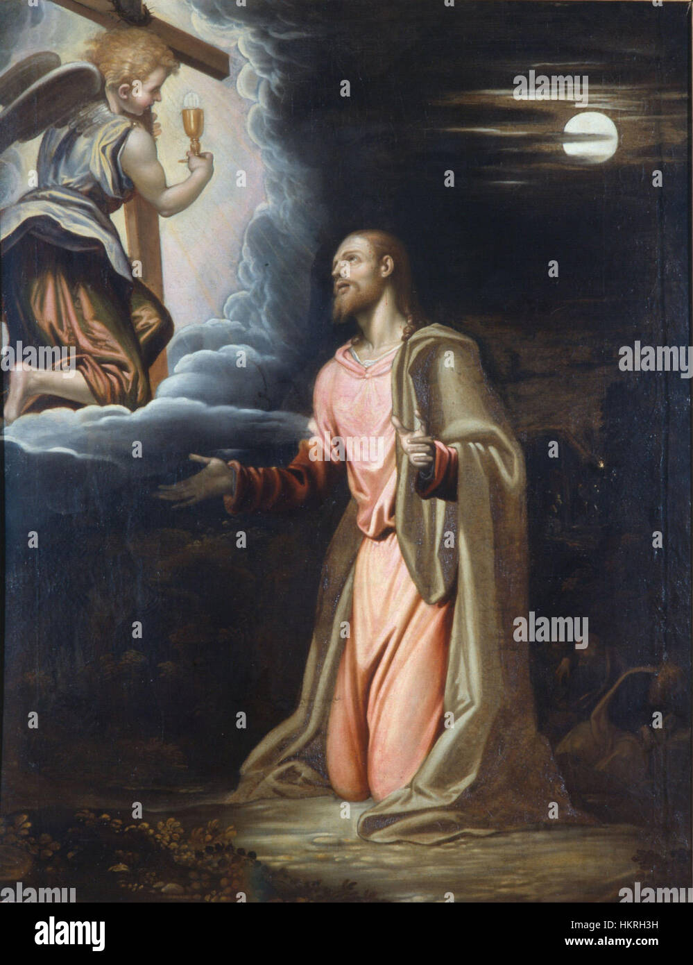 *Christ dans le jardin* par Simone Peterzano capture le moment de la prière du Christ dans le jardin de Gethsémani, une scène clé du Nouveau Testament. La peinture reflète l'habileté de Peterzano à transmettre des thèmes religieux et sa maîtrise de la lumière et de l'ombre. Banque D'Images