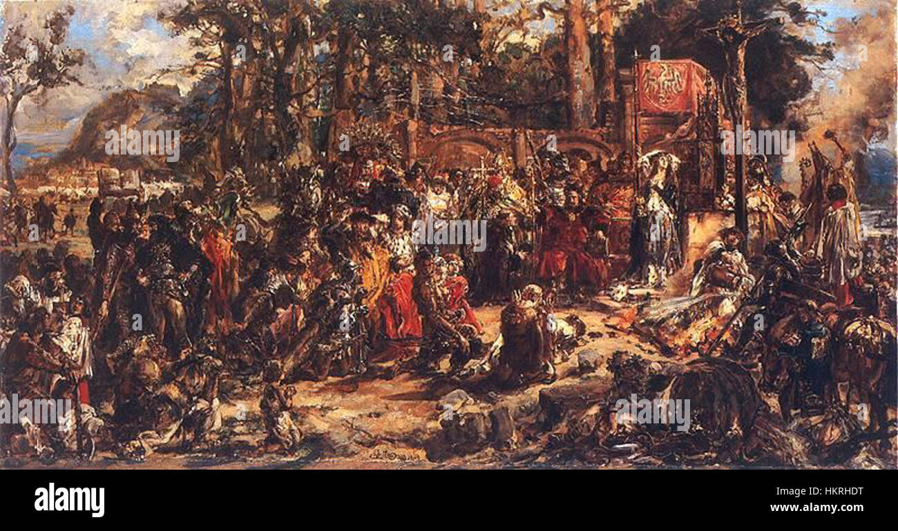 "Chrzest Litwy 1387" (le baptême de la Lituanie) de Matejko décrit l'événement important de la conversion de la Lituanie au christianisme en 1387. La peinture capture le moment historique dramatique, avec des détails grandioses et des couleurs vives, reflétant la puissance de l'État lituanien médiéval. Banque D'Images