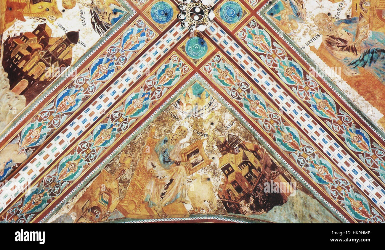 Cette œuvre de Cimabue dépeint une scène de San Giovanni, mettant en valeur l'utilisation emblématique des influences byzantines par l'artiste dans son œuvre du début de la Renaissance. La peinture illustre une scène religieuse avec des figures détaillées et des couleurs vibrantes. Banque D'Images