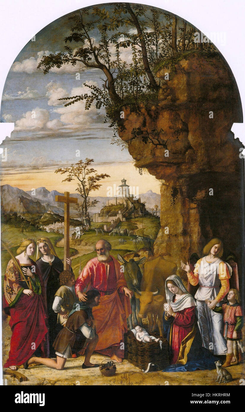 'Adorazione dei Pastori' de Cima da Conegliano est un chef-d'œuvre du début de la Renaissance italienne La peinture représente l'Adoration des bergers, mettant en valeur l'utilisation raffinée de la couleur et de la perspective de Cima pour améliorer le récit religieux. Banque D'Images
