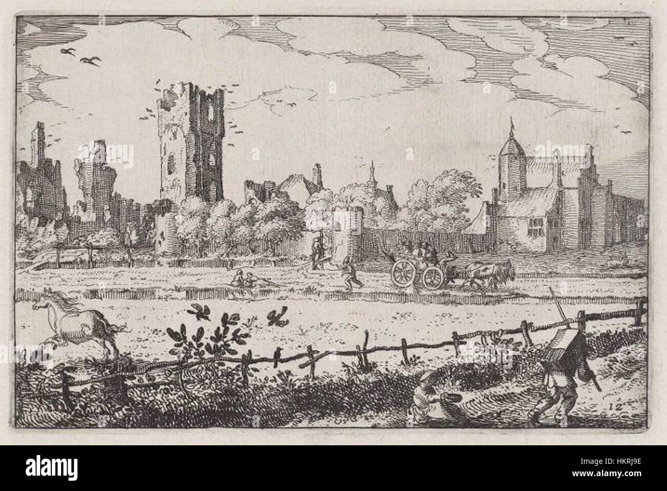 Cette peinture de Claes Jansz. Visscher II représente les ruines du T'Huys te Kleef, un ancien bâtiment hollandais situé dans la ville de Kleve (Allemagne). Visscher, connu pour ses paysages urbains détaillés, capture la nature délabrée mais grandiose du bâtiment au XVIIe siècle. Son travail reflète à la fois le style architectural de l'époque et la fascination néerlandaise pour la décadence urbaine. Banque D'Images
