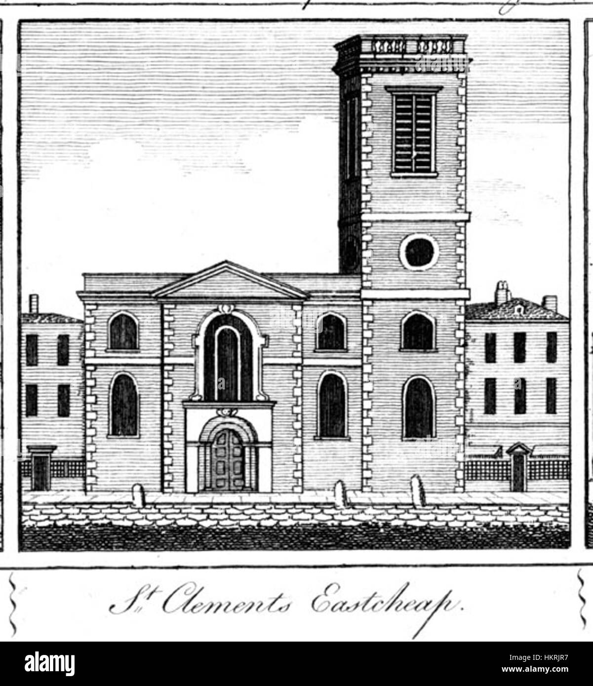 La façade de Clément EastCheap, représentée dans cette œuvre, reflète l'architecture anglaise du XVIIe siècle avec ses pierres détaillées et ses caractéristiques de conception historique, soulignant le style urbain de l'époque. Banque D'Images
