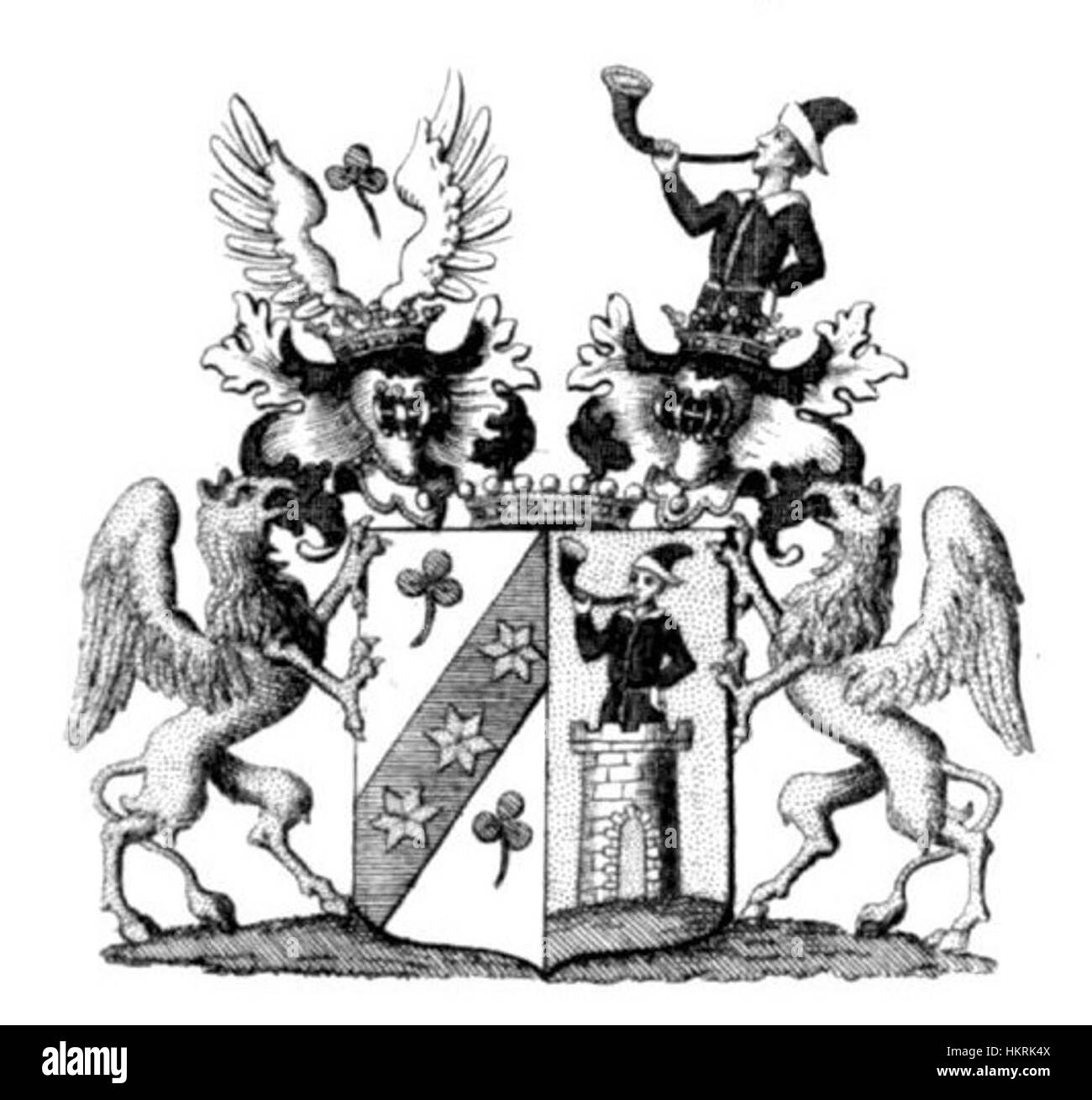 Le Cocceji Freiherren-Wappen est une œuvre héraldique représentant les armoiries familiales de la famille Cocceji, remarquable dans l'histoire noble allemande. Le design est un emblème de la lignée aristocratique et de la tradition. Banque D'Images