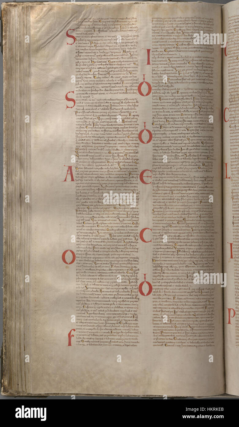 Le Codex Gigas, également connu sous le nom de Bible du diable, est un manuscrit médiéval qui contient l'ancien et le Nouveau Testament, ainsi que d'autres textes historiques. Folios 204 I-II chroniques décrivent une interprétation vivante de l'histoire biblique dans une calligraphie et une illustration complexes. Banque D'Images