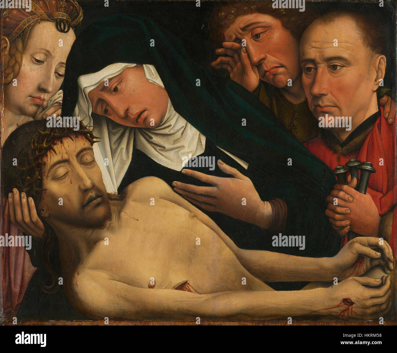 « Bewening van Christus » de Colijn de COTER est une peinture flamande du XVe siècle qui dépeint la lamentation du Christ, en se concentrant sur les aspects émotionnels de la scène. Cette pièce est significative pour son utilisation de la couleur, du détail et du symbolisme religieux, représentant un moment charnière dans Christian permis Banque D'Images