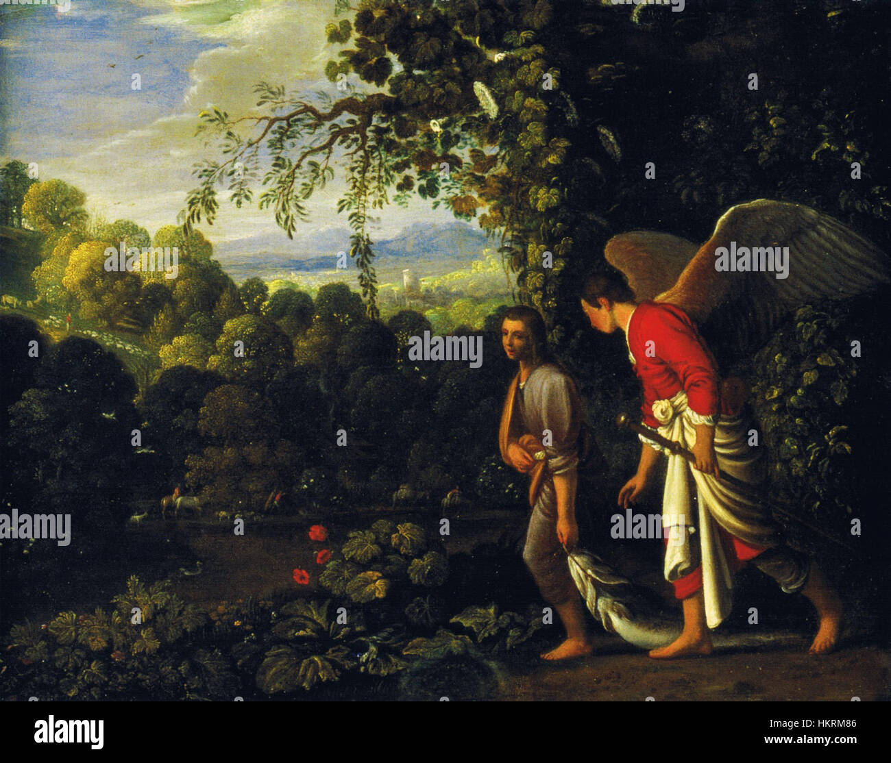 Cette œuvre, une copie de Tobias und der Engel d'Adam Elsheimer, représente un mélange magistral de lumière et d'ombre typique du style baroque. Il illustre le voyage de Tobias avec l'ange, mettant en évidence à la fois la protection divine et le thème du pèlerinage. Banque D'Images