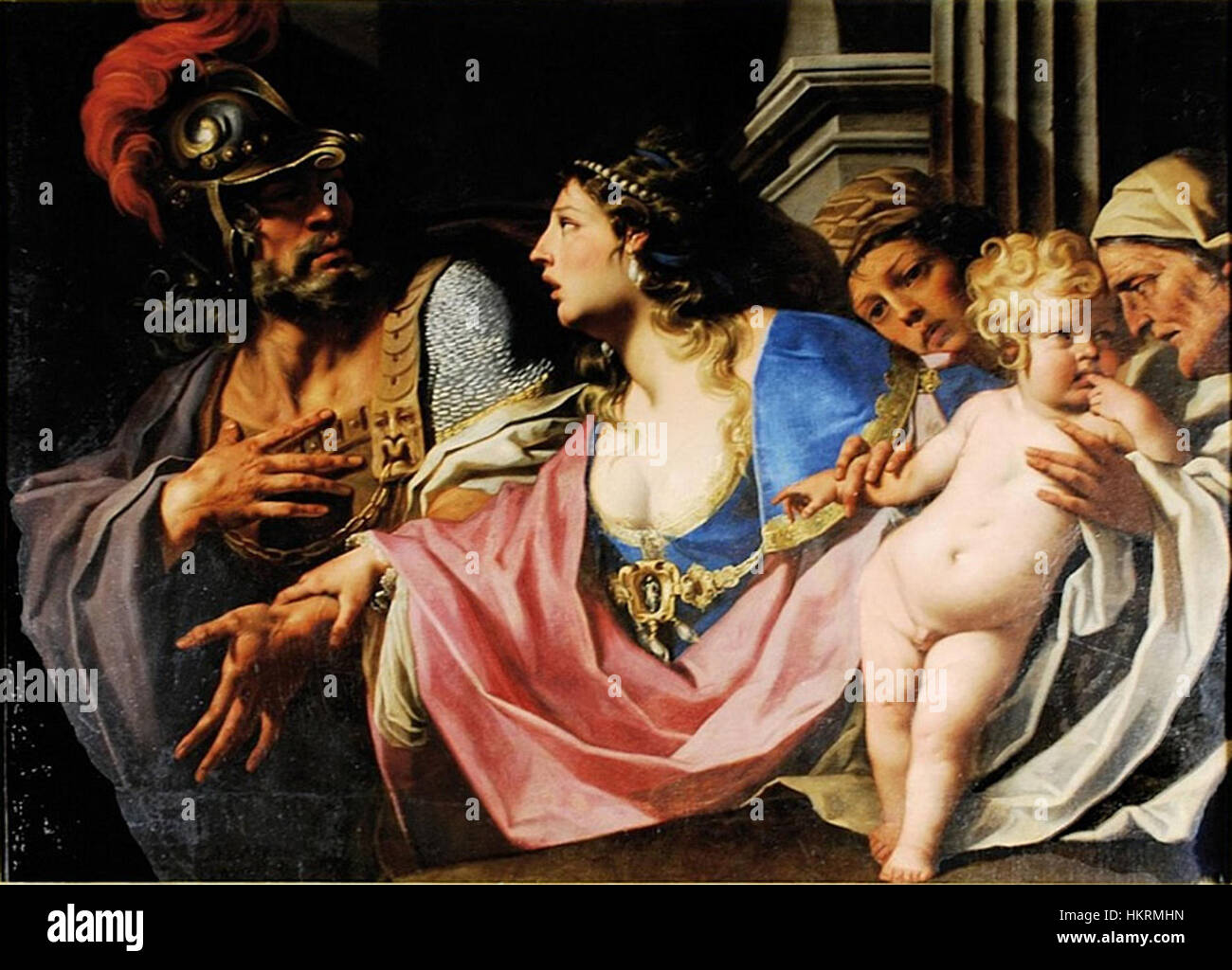 Cette œuvre du XVIIe siècle de Luca Ferrari, intitulée 'Commiato di Ettore da Andromaca' (L'adieu d'Hector et Andromache), représente une scène poignante de l'Iliade d'Homère. La peinture illustre le départ émotionnel d'Hector, le héros troyen, de sa femme Andromache, avant de se lancer dans la bataille. Banque D'Images