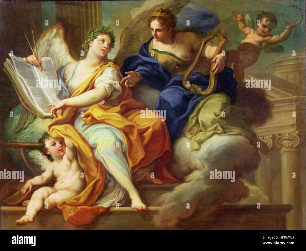 La peinture de Sebastiano Conca 'Urania et Erato' du XVIIe ou XVIIIe siècle présente les deux Muses de l'astronomie et de la poésie d'amour. L'œuvre met en évidence l'influence classique de la mythologie grecque et la maîtrise du style baroque par Conca. Banque D'Images