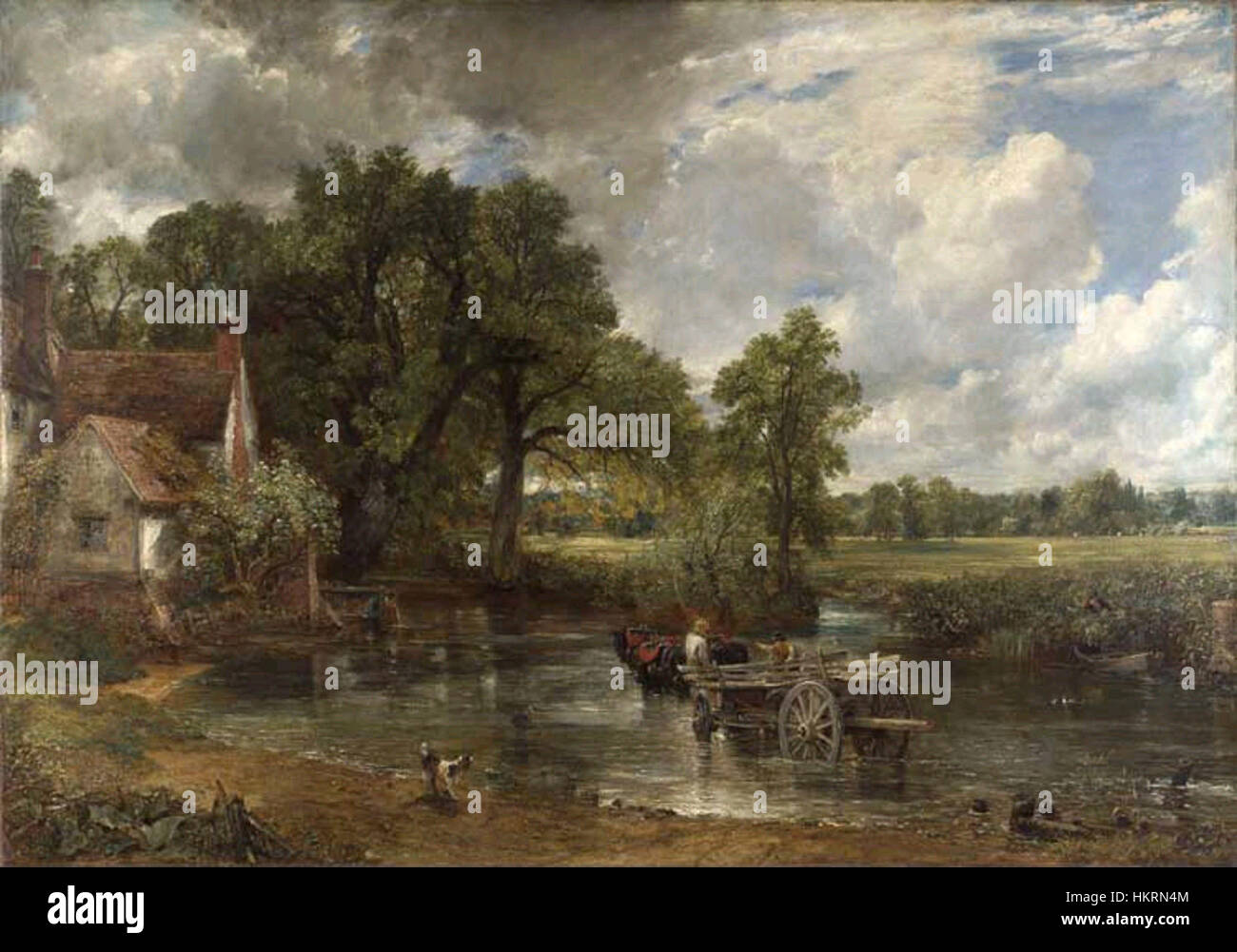 'The Hay Wain' de John Constable est une célèbre peinture de paysage du XIXe siècle qui représente une scène rurale avec un chariot transportant du foin à travers une rivière. C'est l'une des œuvres les plus célèbres de Constable, représentant la beauté de la campagne anglaise. Banque D'Images
