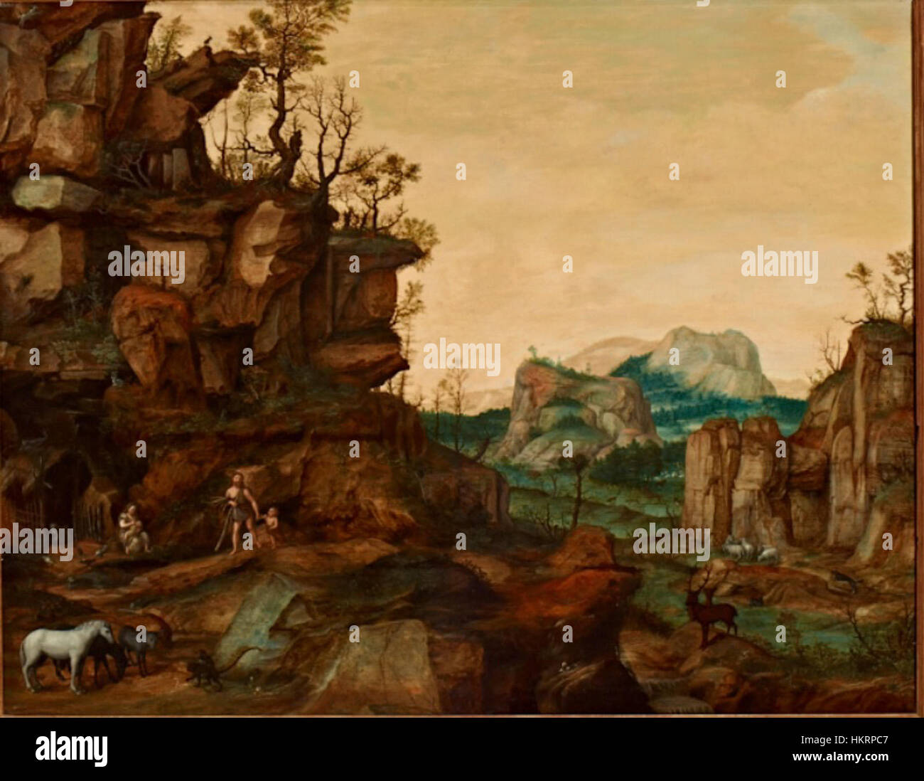 «Paysage avec Adam et Ève» de Cornelis van Dalem représente l'histoire biblique des premiers humains dans un cadre naturel idyllique, présentant l'approche détaillée de l'artiste à la fois sur le récit biblique et le monde naturel. Banque D'Images
