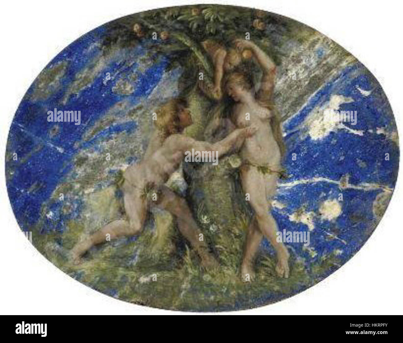 Adam et Ève, une peinture à l'huile biblique sur lapis-lazuli, attribuée à Cesari Giuseppe, également connu sous le nom de Cavalier d'Arpino, un artiste italien des périodes de la Renaissance et du Baroque, capturant le moment de la création avec des éléments symboliques de tentation et d'innocence. Banque D'Images