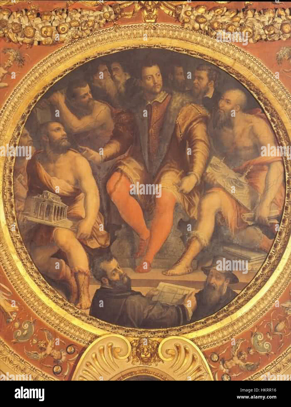 Cette œuvre représente Cosme Ier de Médicis, le grand-duc de Toscane, entouré de ses érudits. La peinture souligne son rôle de mécène des arts et de l'éducation pendant la période de la Renaissance. Banque D'Images