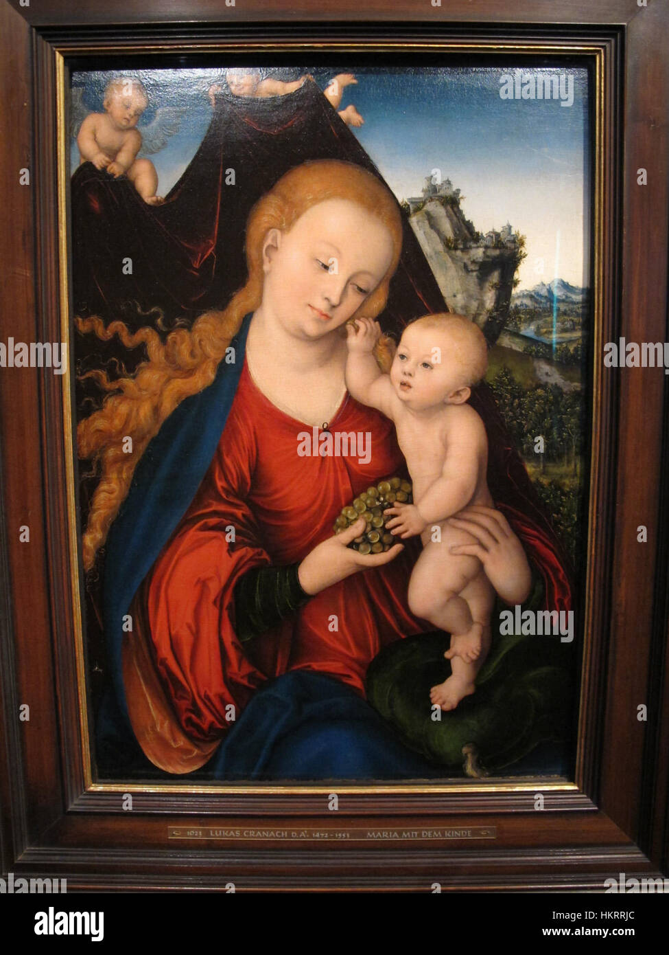 'Madonna col Bambino' de Lucas Cranach l'ancien, peint en 1525, représente la Vierge Marie avec le Christ enfant dans un moment tendre. Cette pièce de la Renaissance souligne l'utilisation caractéristique de la couleur et du symbolisme par Cranach. Banque D'Images