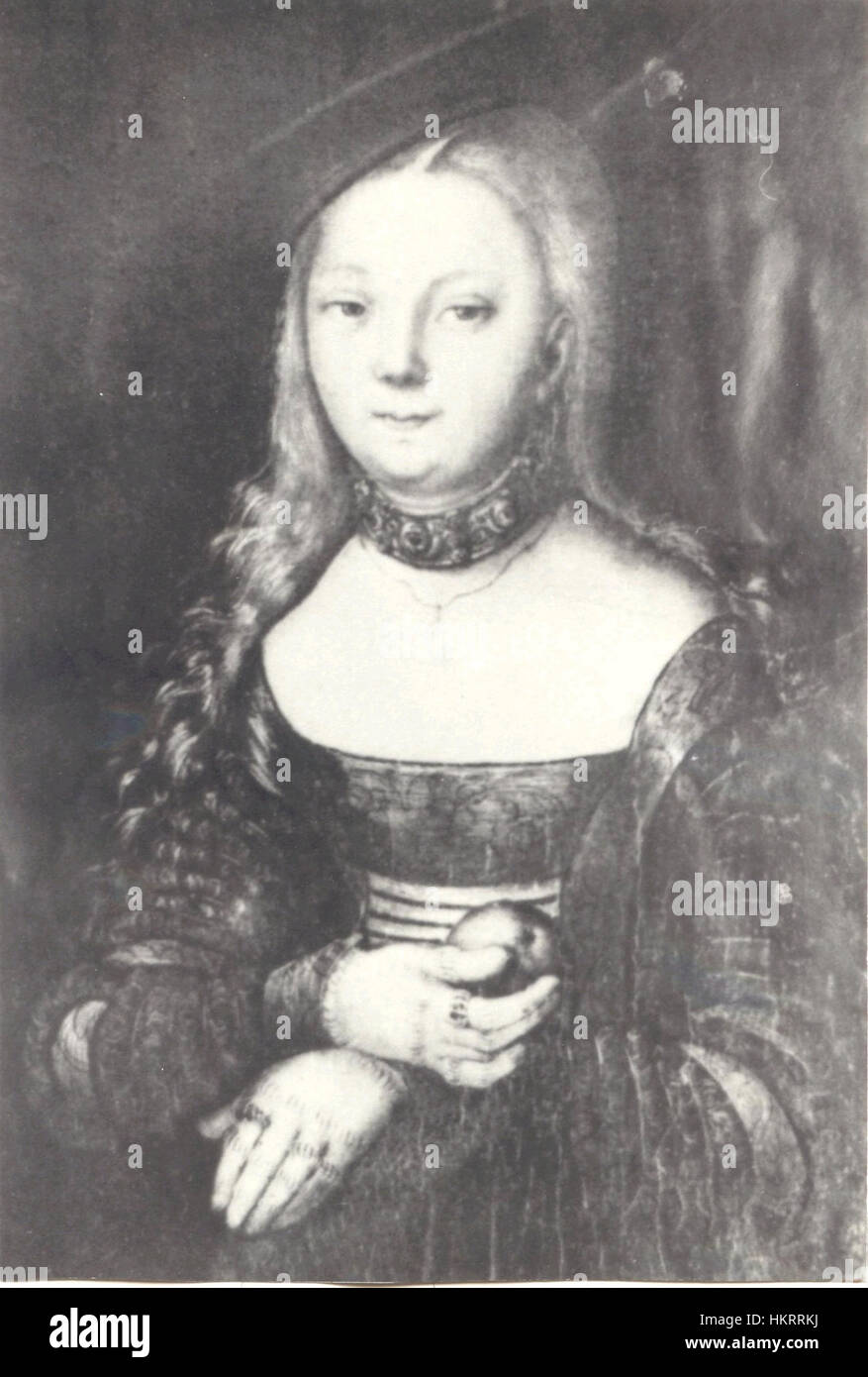 Cette peinture de Lucas Cranach l'ancien représente une femme tenant une pomme, symbole souvent associé à la tentation et à l'innocence à la Renaissance Le pinceau détaillé et l’utilisation de couleurs vives reflètent la maîtrise du portrait par l’artiste et sa capacité à transmettre une signification symbolique à travers des objets simples. Banque D'Images