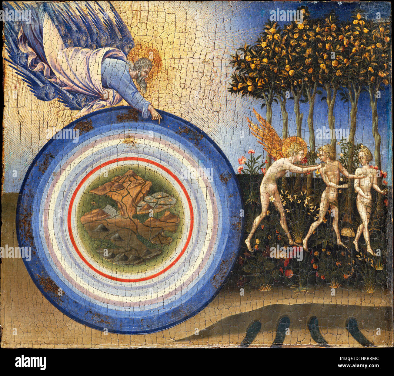 Création et l'Expulsion du Paradis, une œuvre d'art biblique présentant la création de l'homme et l'expulsion d'Adam et Ève d'Éden, illustrant le jugement divin et la faillibilité humaine. Banque D'Images