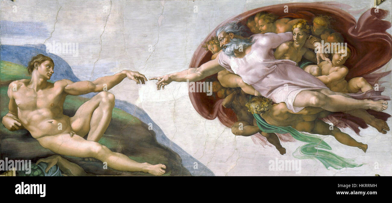 La « Création d'Adam » de Michel-Ange, une fresque sur le plafond de la Chapelle Sixtine, illustre l'histoire biblique de Dieu donnant la vie à Adam, présentant sa maîtrise de l'art de la Renaissance. Banque D'Images
