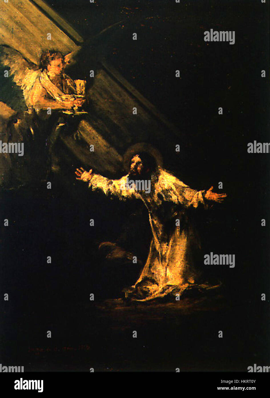 Cristo en el huerto de los olivos de Francisco Goya dépeint le moment de la prière du Christ dans le jardin des oliviers, une scène charnière de l’histoire chrétienne. Connue pour son intensité émotionnelle, l’utilisation de la lumière et de l’ombre par Goya souligne la tension et l’angoisse du moment. Banque D'Images