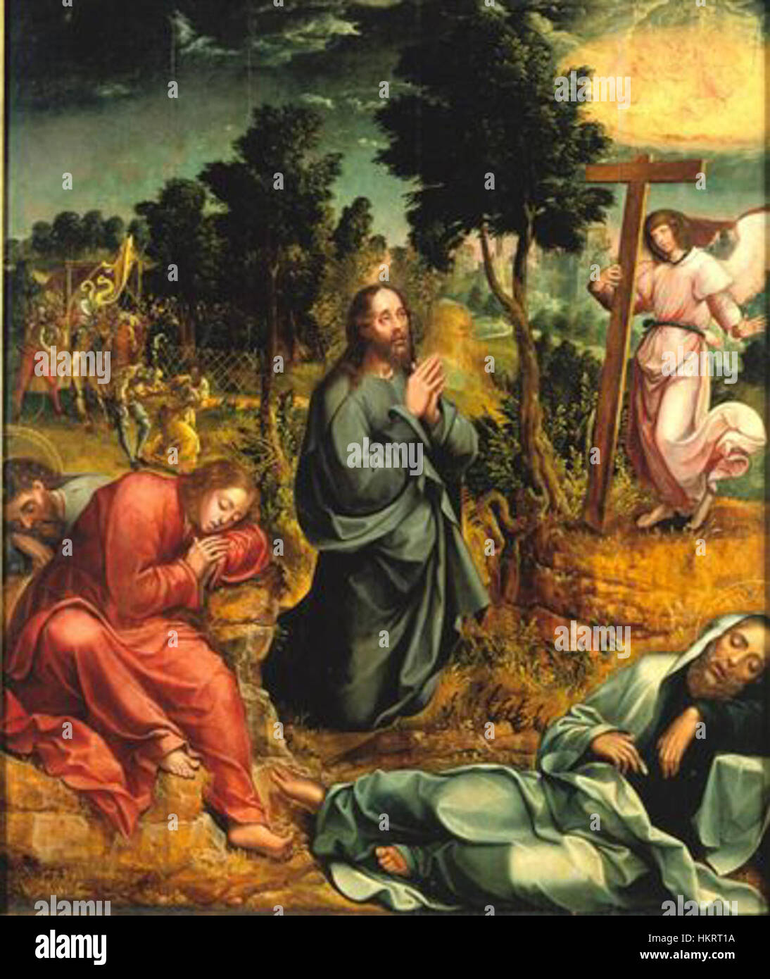Le tableau 'Cristo no Horto - Santos-o-Novo' représente une scène dramatique du jardin de Gethsémani, où le Christ prie avant son arrestation. L’œuvre reflète des thèmes religieux de sacrifice, de foi et de volonté divine. Banque D'Images