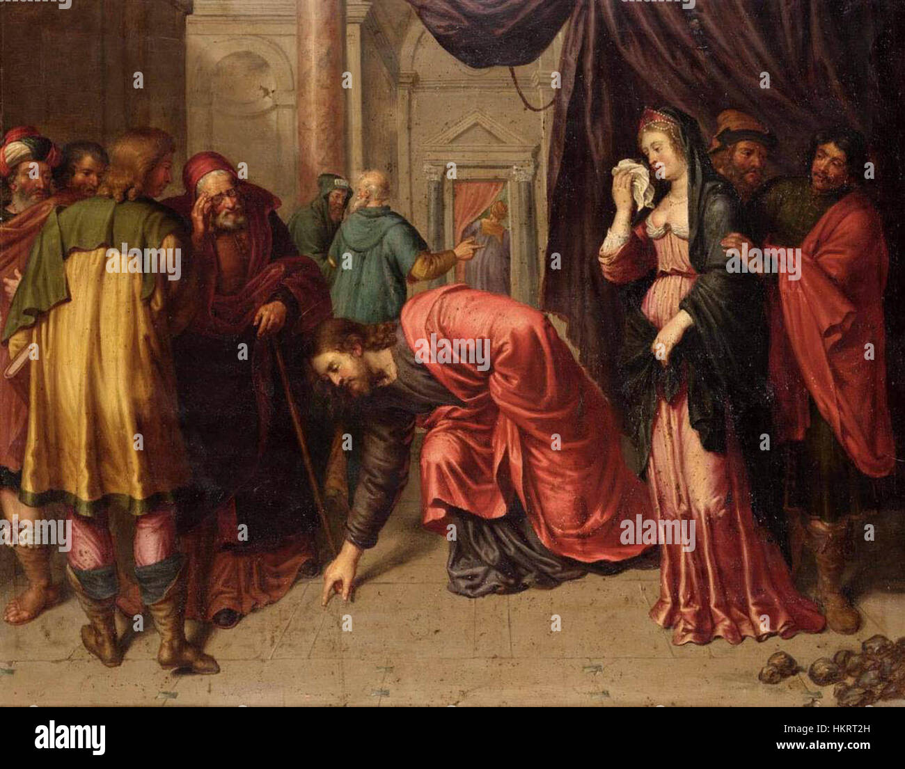 Cristo y la mujer adultera (Christ et la femme adultère) est une peinture religieuse qui décrit l'histoire biblique de l'interaction du Christ avec une femme accusée d'adultère. La peinture capture les thèmes émotionnels et moraux du pardon et de la rédemption. Banque D'Images