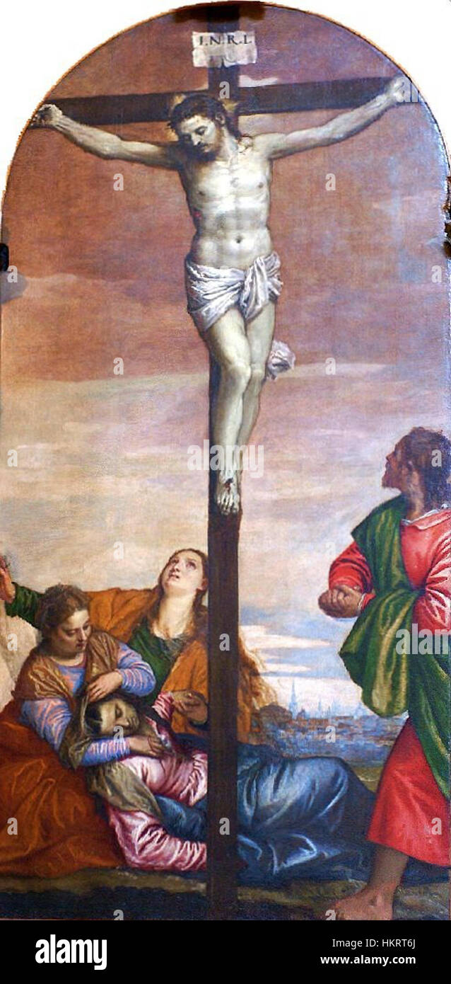 « Crocifissione (San Sebastiano) » de Paolo Veronese représente la crucifixion de tous Sebastian, un moment clé de l’iconographie religieuse chrétienne. La peinture capture l’intensité dramatique et les couleurs vives typiques du travail de Véronèse pendant la Renaissance. Banque D'Images