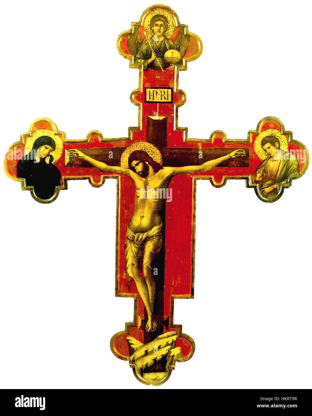 Cette peinture du XIVe siècle de Paolo Veneziano, intitulée « Crucifixion », a été créée pour le monastère de Trogir. L'œuvre reflète le style gothique et présente une figure centrale du Christ, avec des couleurs vives et une iconographie détaillée de la passion. Banque D'Images