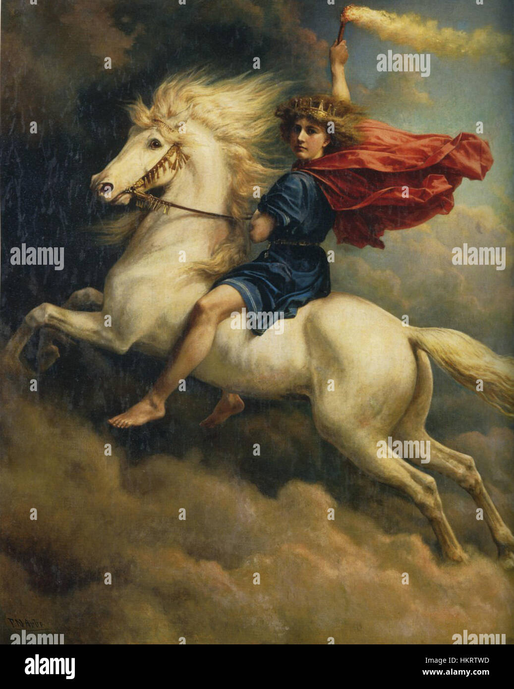 'Dagr' d'Arbo dépeint une scène mythologique avec une signification symbolique, mettant en valeur une composition dynamique et l'utilisation vibrante de la couleur pour illustrer le récit dans le contexte de la mythologie nordique. Banque D'Images