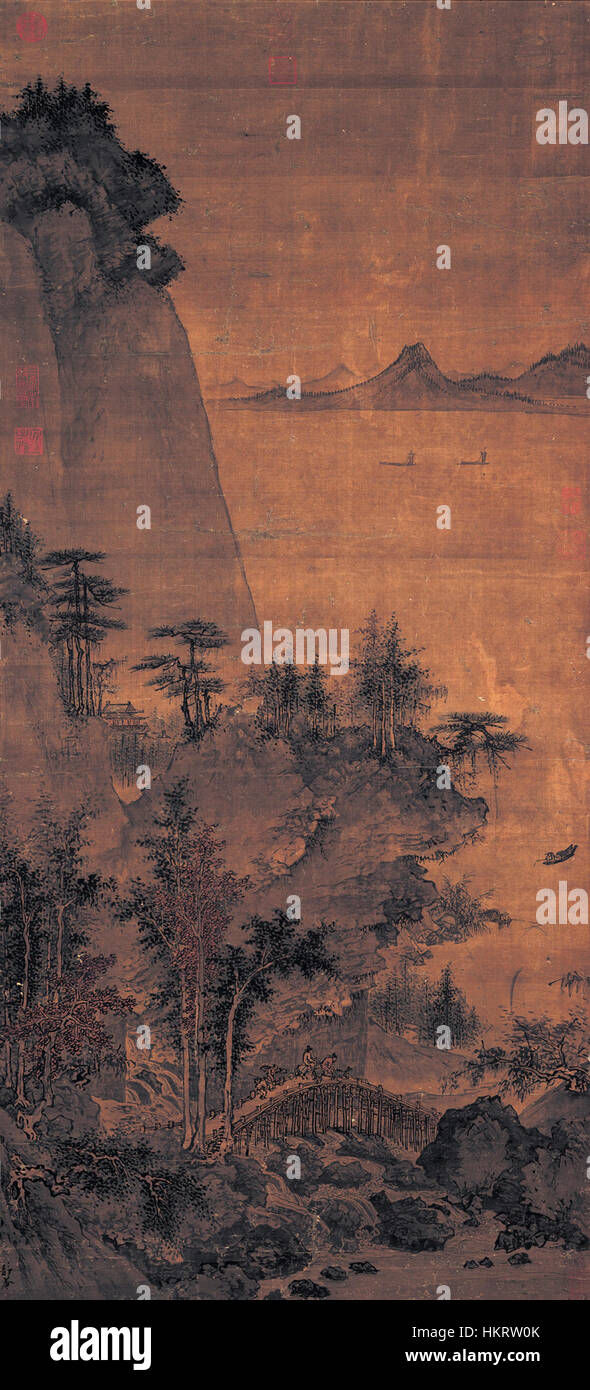 La peinture 'Stream Bridge fouetter sur un âne' de Dai Jin montre une scène chinoise détaillée de la dynastie Ming. L’artiste utilise une composition dynamique et des détails riches pour transmettre l’énergie d’un voyageur et de son âne traversant un pont. Banque D'Images