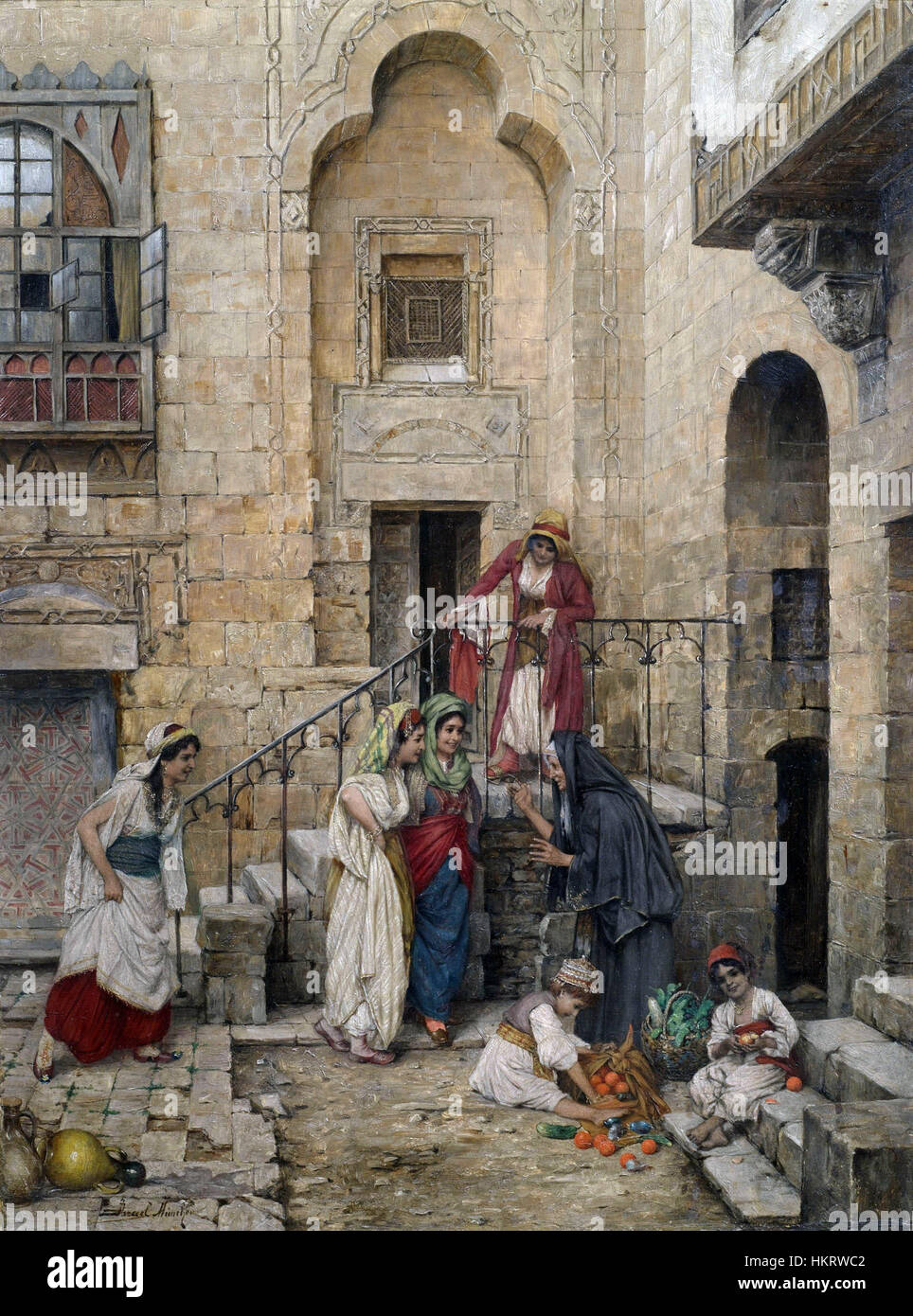 « Haremsdamen im Innenhof eines Palastes » de Daniel Israel dépeint une scène sereine dans la cour d'un palais, avec des femmes du harem. L'œuvre met en valeur la beauté complexe de l'architecture du palais et l'environnement paisible du harem, reflétant l'atmosphère culturelle et sociale de l'époque. Banque D'Images