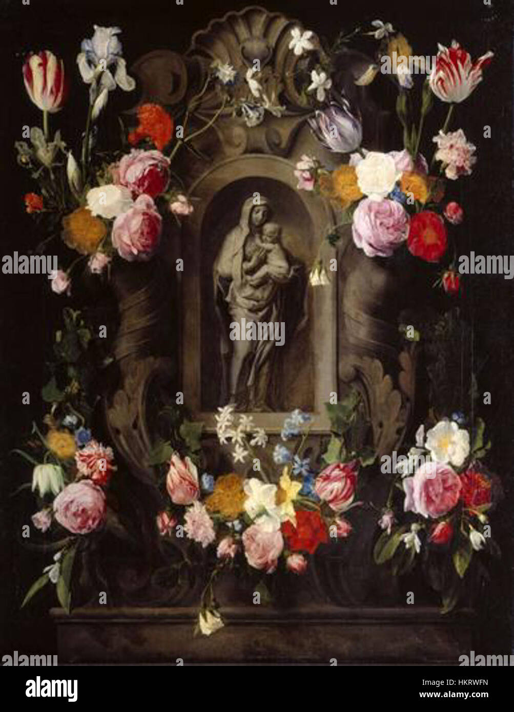 Cette peinture de Daniel Seghers représente un thème religieux ou floral, caractéristique du style renommé de Seghers. Éminent artiste baroque flamand du XVIIe siècle, Seghers se spécialise dans les natures mortes florales, intégrant souvent des symboles et des figures religieux dans ses compositions. Banque D'Images