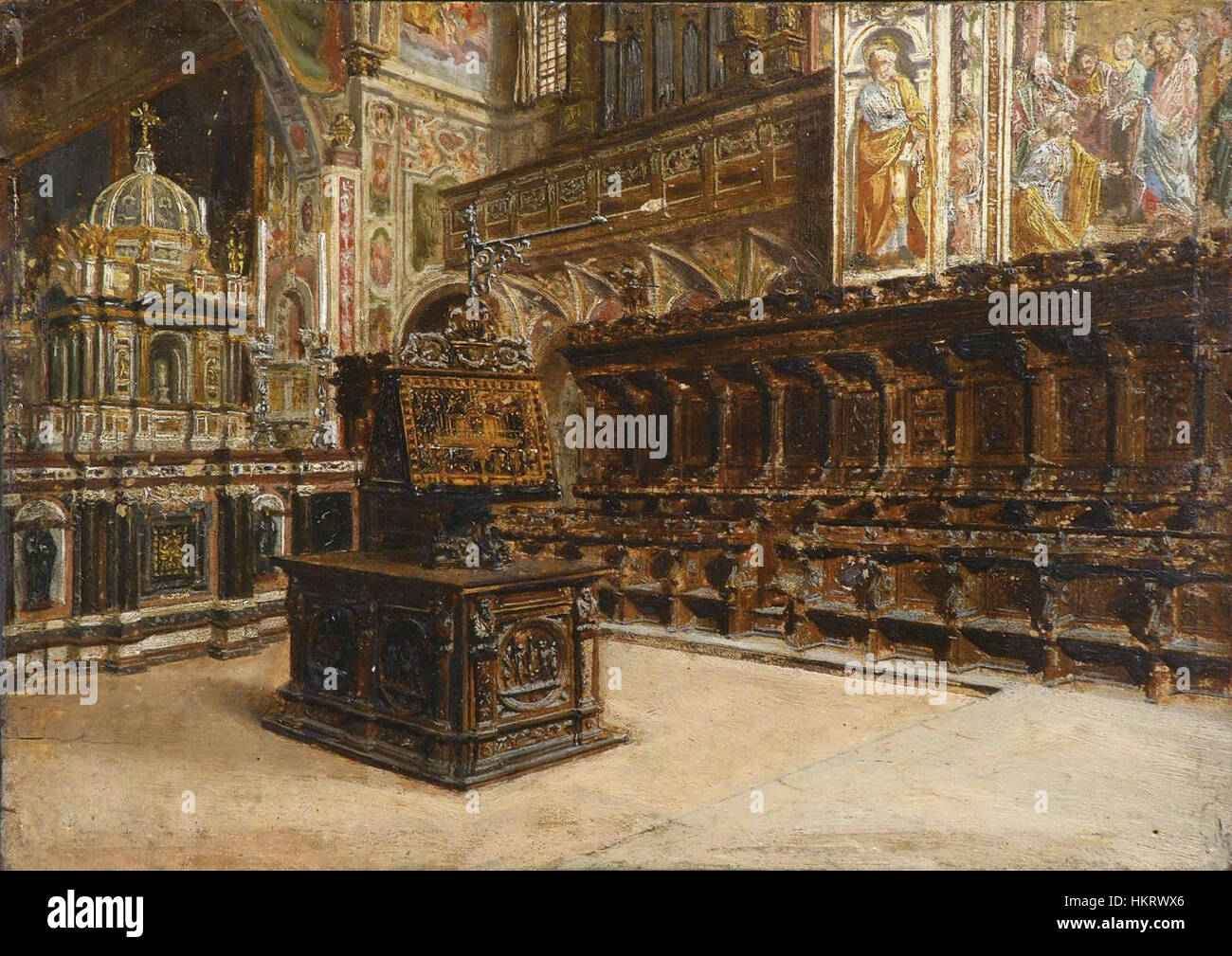 'DAS Innere der Basilica di San Marco in Venedig' est une peinture représentant l'intérieur de la basilique de Saint Marc à Venise, mettant en valeur la grandeur et les mosaïques complexes de ce monument architectural emblématique. L'œuvre met en valeur les influences byzantines de la basilique. Banque D'Images