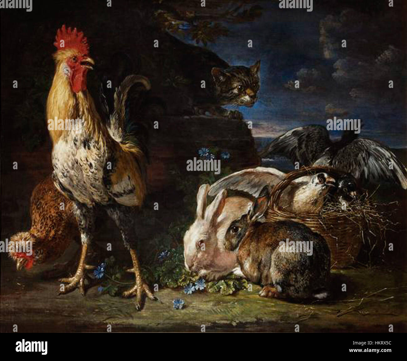Le tableau de David de Coninck « Un chat qui observe les lapins et les volailles » capture un moment serein dans la nature, avec un chat domestique observant de petits animaux dans son environnement. Le brossage détaillé met en valeur la scène paisible. Banque D'Images