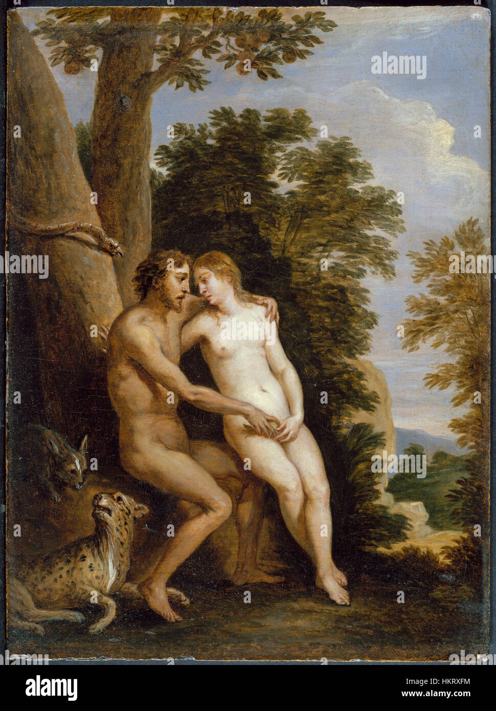 Cette peinture de David Teniers, intitulée *Adam et Eve*, met en valeur l’interprétation de l’histoire biblique par l’artiste, en se concentrant sur les figures d’Adam et Eve dans un jardin idyllique. L'utilisation de la lumière et de la couleur par Teniers souligne la beauté naturelle et le symbolisme de la scène. Banque D'Images