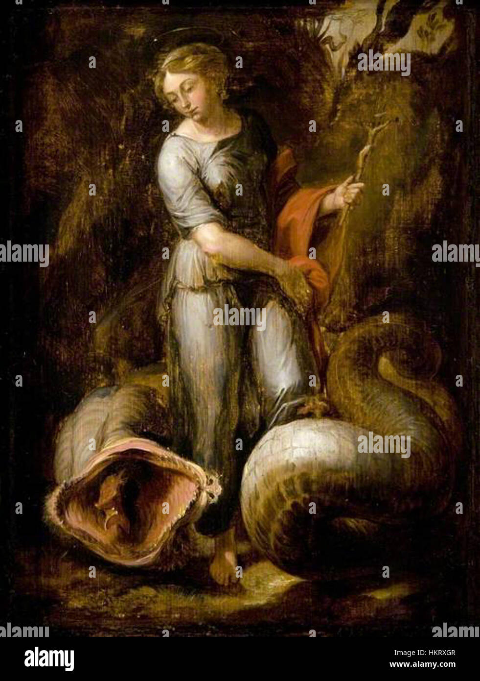 Cette peinture, 'Sainte Marguerite et le Dragon', est une interprétation de David Teniers d'après Raphaël, représentant la victoire du saint légendaire sur le dragon. La scène met en lumière les thèmes de l’héroïsme chrétien et de la protection divine, le style caractéristique de Teniers capturant à la fois le drame et le symbolisme religieux. Banque D'Images