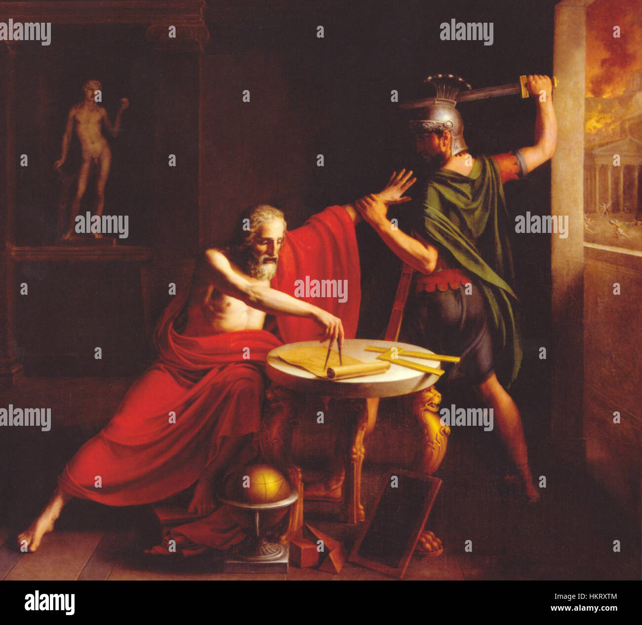 La peinture « mort d'Archimède » représente le moment tragique où Archimède, le mathématicien grec ancien, est tué lors de la conquête romaine de Syracuse. L’œuvre capte l’émotion et le drame entourant sa mort. Banque D'Images