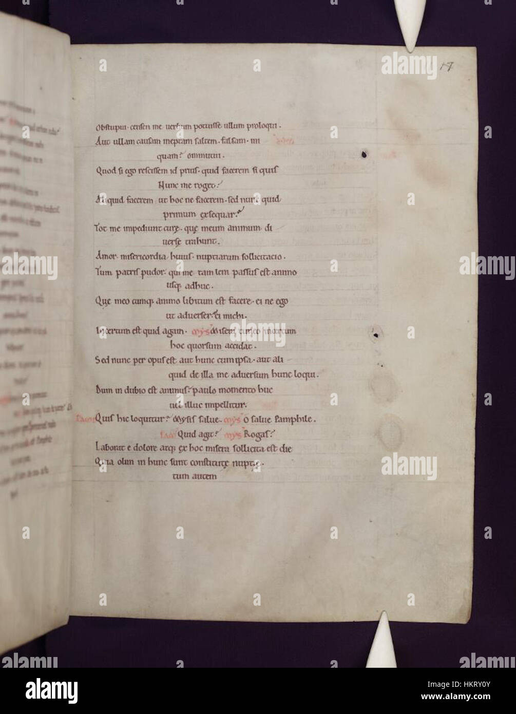 Une page manuscrite enluminée des *comédies de Terence*, conservée dans les bibliothèques Bodleian. Cet artefact historique met en valeur le drame romain classique à travers une calligraphie complexe et des illustrations décoratives du XIe siècle. Banque D'Images