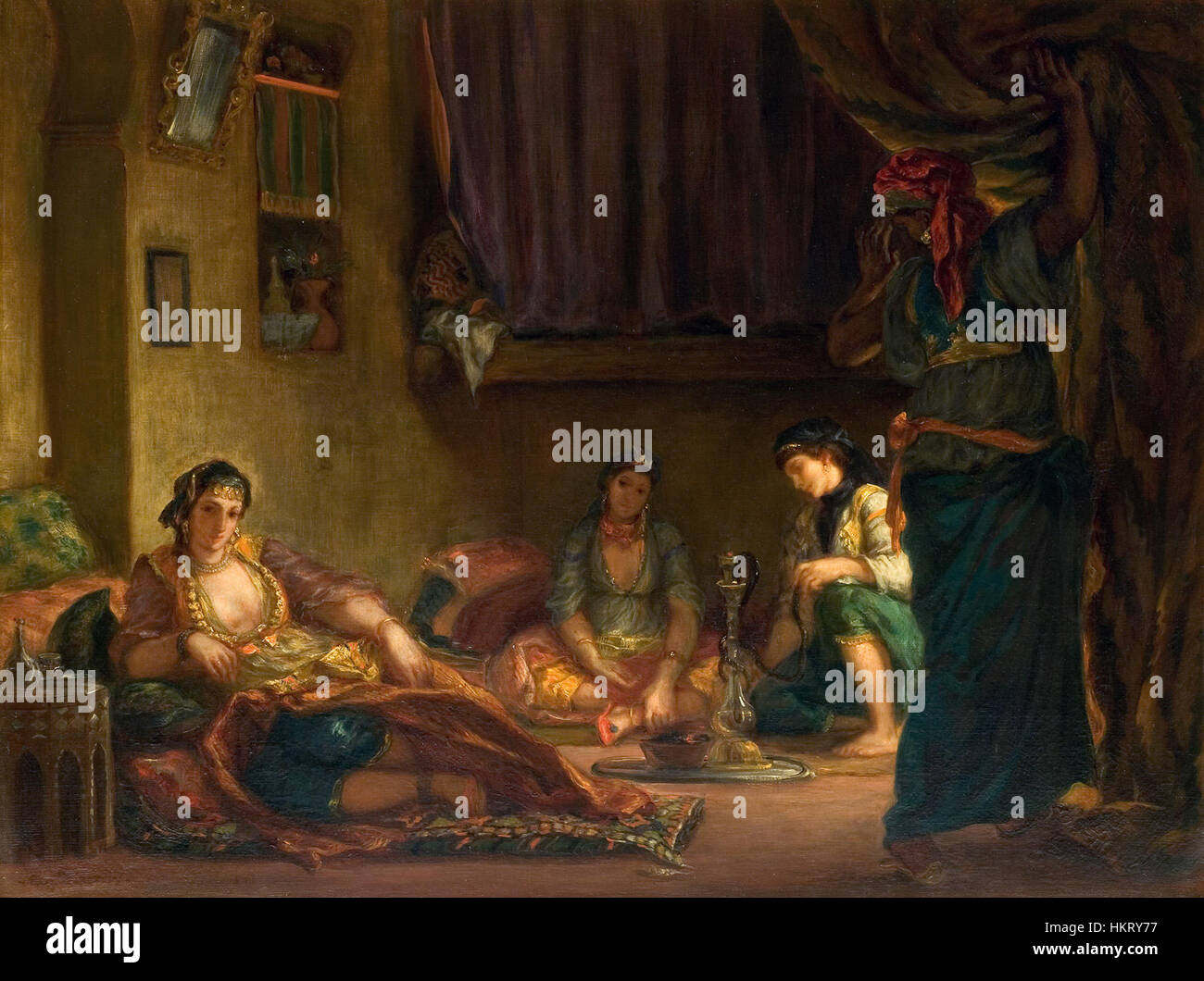 *Femmes d'Alger* d'Eugène Delacroix est un tableau renommé du XIXe siècle représentant des femmes algériennes dans un cadre intime. L’œuvre capture les couleurs vibrantes, les textures et les détails complexes de la tenue vestimentaire des femmes, mettant en évidence les compétences de Delacroix en orientaliste Banque D'Images