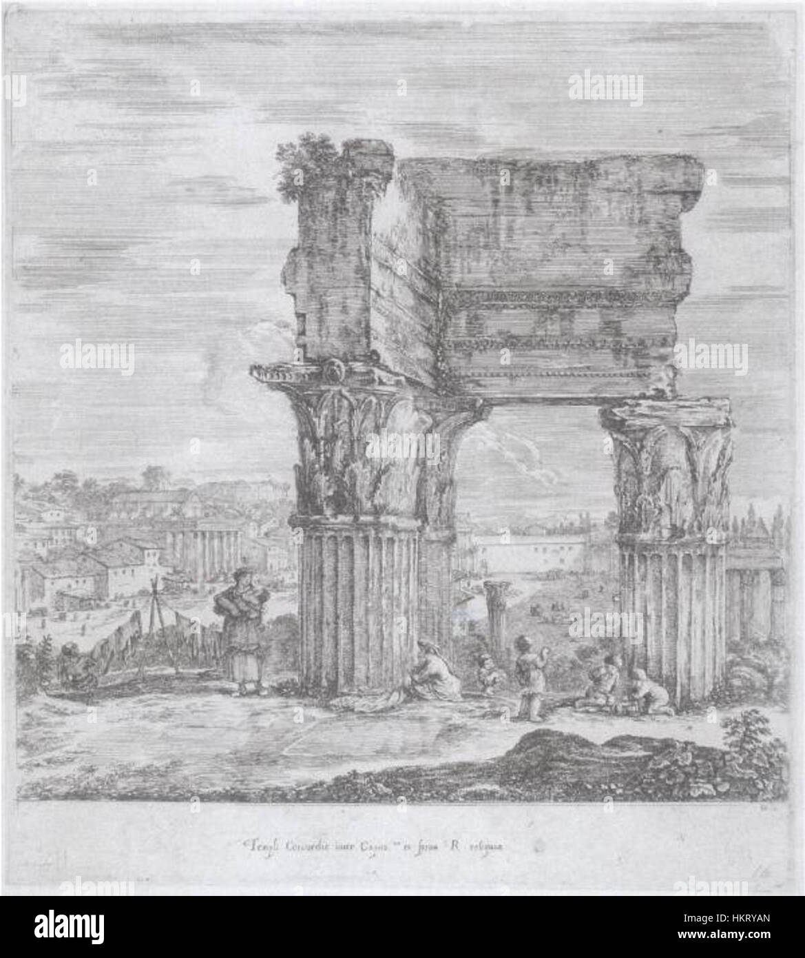 La gravure de Della Bella intitulée « Temple de la Concorde » présente une représentation classique et historique de l'édifice emblématique, avec des détails complexes et des lignes fines caractéristiques du XVIIe siècle. Banque D'Images