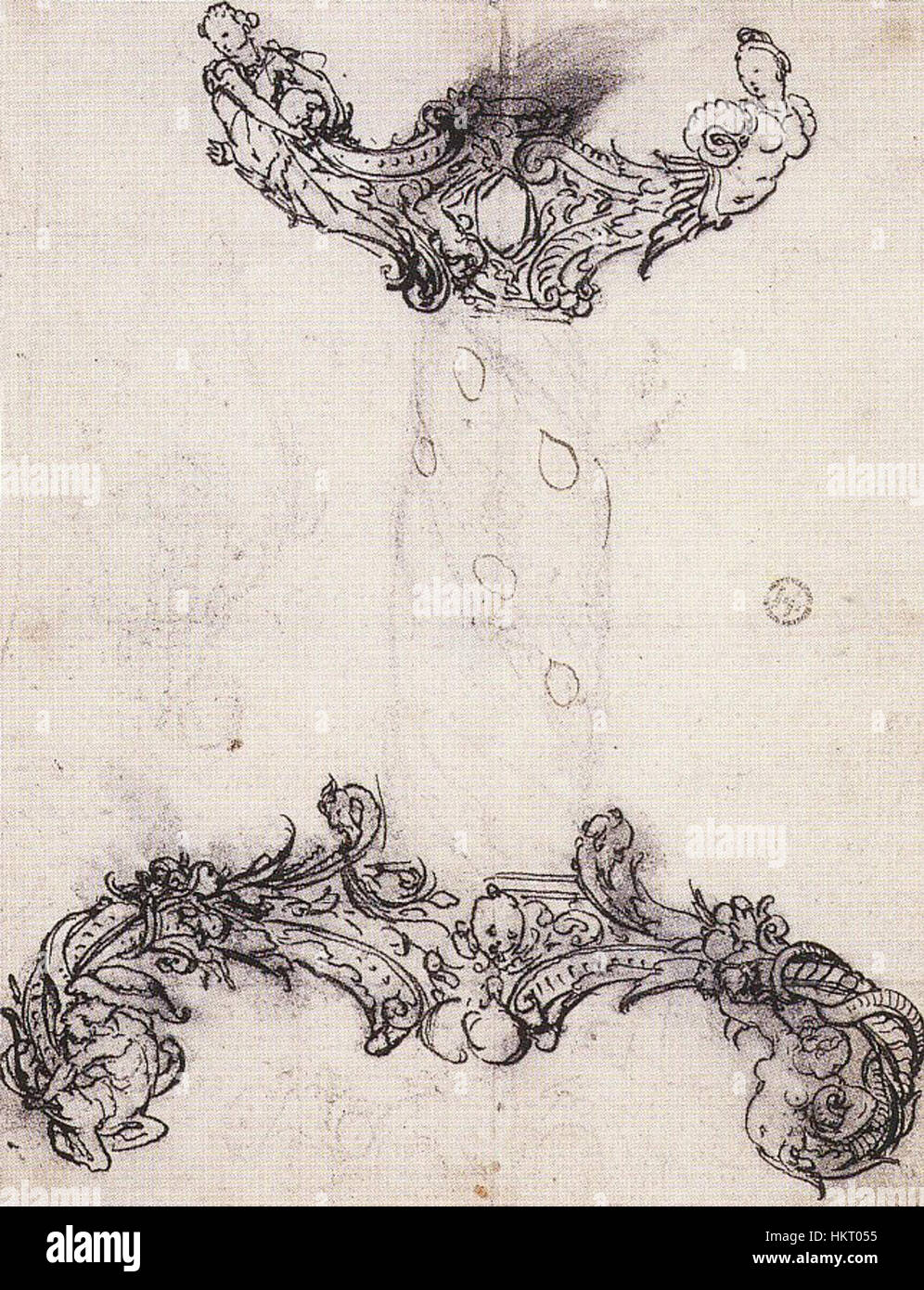 Cette conception de Hans Holbein le jeune illustre une poignée de poignard complexe. Connu pour ses œuvres d'art détaillées, Holbein capture un mélange de motifs géométriques et de motifs ornementaux dans cette pièce, mettant en valeur son talent dans la conception de ferronnerie. Banque D'Images