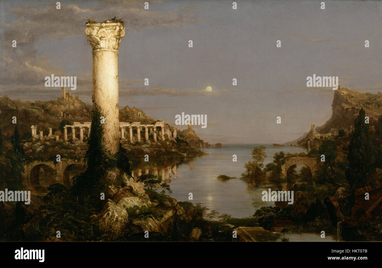La peinture de Thomas Cole, « désolation », réalisée en 1836, fait partie de sa célèbre série « course of Empire ». La peinture représente une ville en ruine, mettant l'accent sur les thèmes de la décadence et la nature cyclique des civilisations. Le paysage dramatique illustre la maîtrise de Cole de la lumière, de l’ombre et de la profondeur atmosphérique, dépeignant les conséquences des actions humaines sur la nature et la société. Banque D'Images