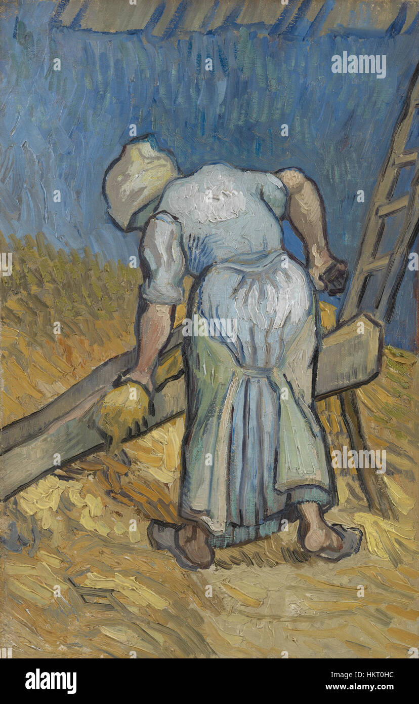 La Paysanne brisant le lin, une peinture de Vincent van Gogh, interprétant l'œuvre antérieure de Jean-François Millet, présentant une paysanne brisant du lin dans un cadre rural, rendu avec un trait expressif et des couleurs. Banque D'Images