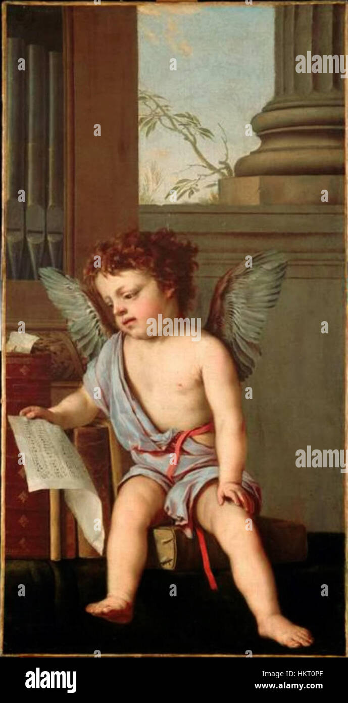 Cette peinture à l'huile de Laurent de la Hyre, intitulée « Putto chantant », représente un chérubin ludique chantant, capturant l'exubérance caractéristique de la période baroque et l'attention portée aux détails. La pièce illustre la grâce et le style orné de la peinture française du XVIIe siècle. Banque D'Images